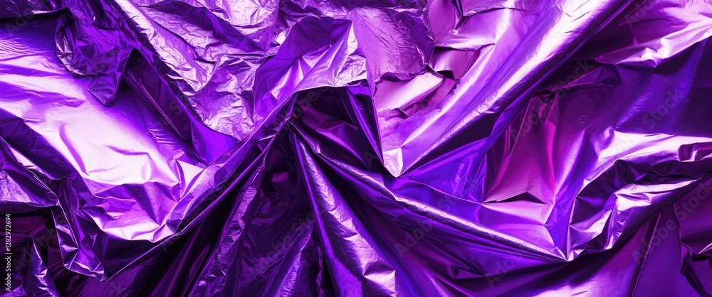 Sticker purple metallic crumpled foil texture background with shiny reflective surfaces and intricate folds.