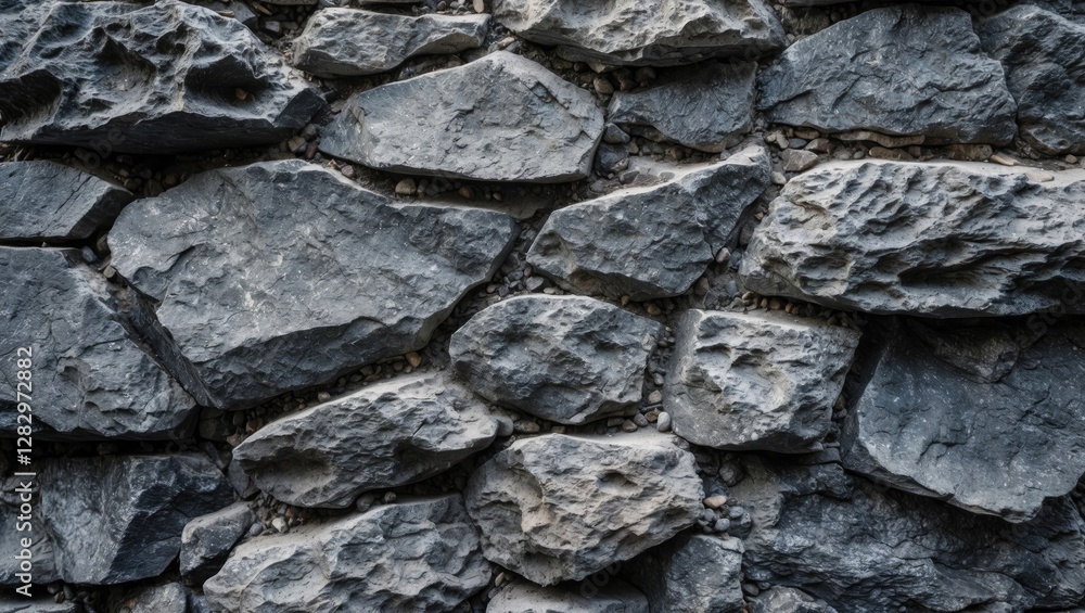 Aufkleber textured background of uneven gray stone wall with various sizes and shapes of rocks interlocked tog