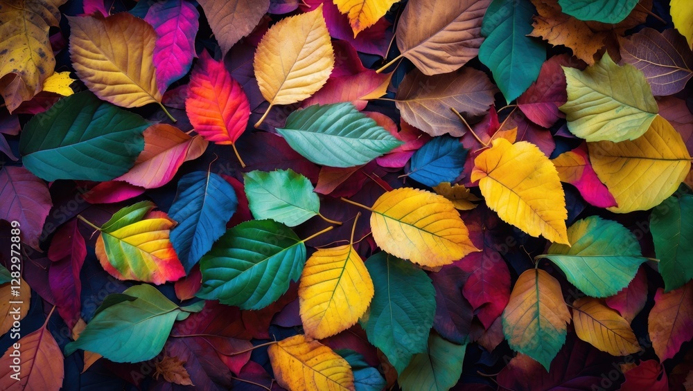 Poster autumn leaves in various colors and shapes layered on a dark background creating a textured pattern