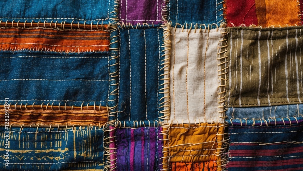 Poster Colorful patchwork quilt with various fabric textures and stitching patterns displayed in close-up view.