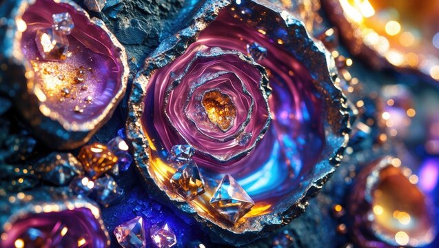 Close-up view of colorful geode slices with crystalline formations and sparkling gems on a textured surface