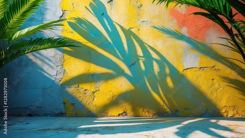 Poster colorful textured wall with palm shadows creating patterns in sunlight on a concrete surface indoors