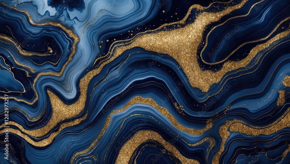 Poster blue wave marble texture with golden veins and accents in abstract design for backgrounds and surfac