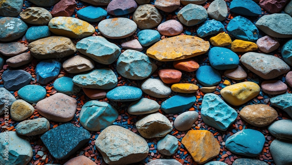 Poster colorful textured pebbles and stones background in various shapes and sizes arranged on the surface 