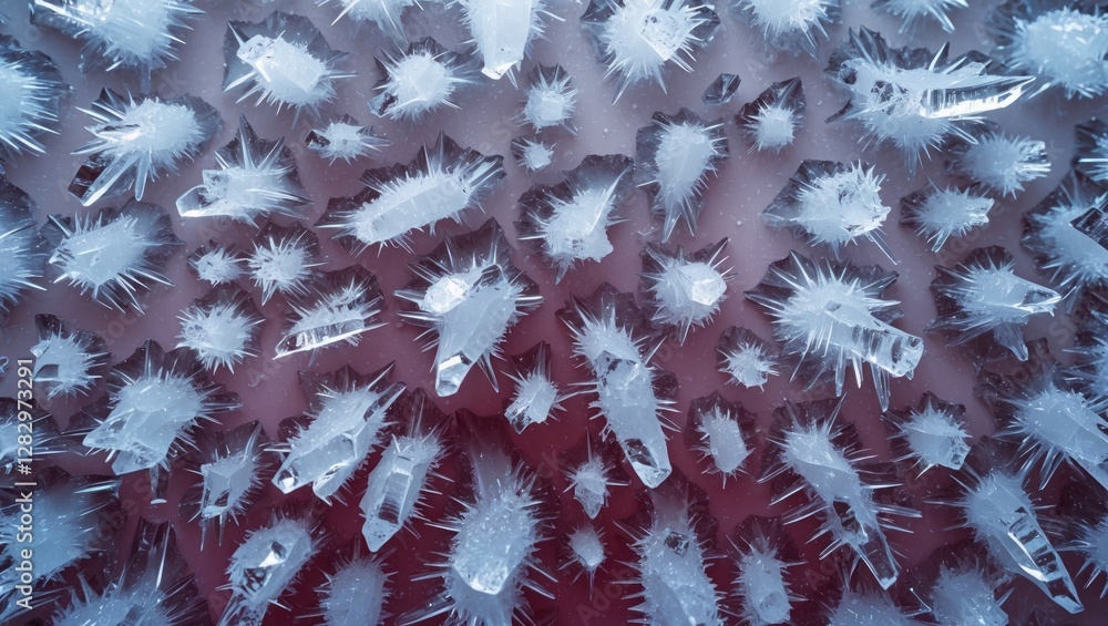 Poster macro shot of ice crystals with sharp spikes on a gradient background illustrating unique frost patt
