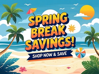 Spring break savings is promoted with a beach theme illustration