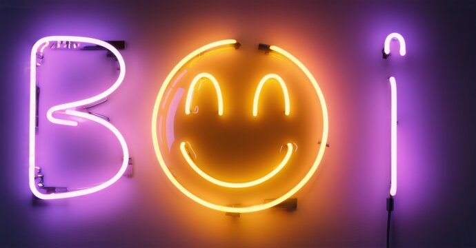 Boi neon sign with glowing blue and pink cursive letters and a bright yellow emoji. The cheerful smiley face radiates warm light, casting colorful reflections on a dark wall - Powered by Adobe