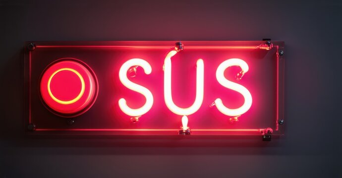 Glowing neon sign with a red emergency button and a bright impostor outline, evoking a sense of suspicion and urgency. The vivid colors enhance the dramatic atmosphere