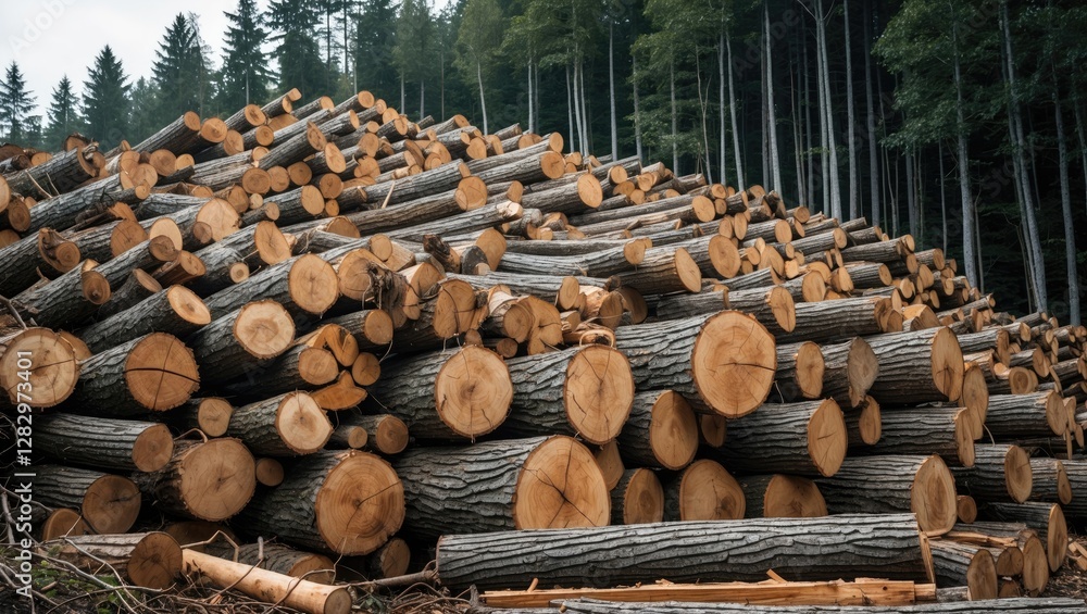 Poster piled fresh cut tree logs in forest area with visible tree trunks and greenery in background