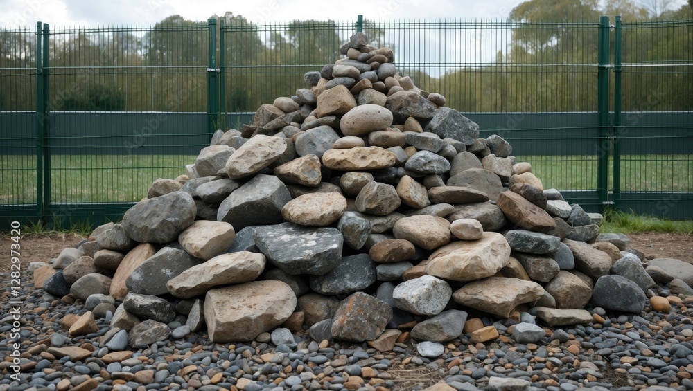 Poster pile of various sized stones arranged in a conical shape on a gravel surface with a green fence in t