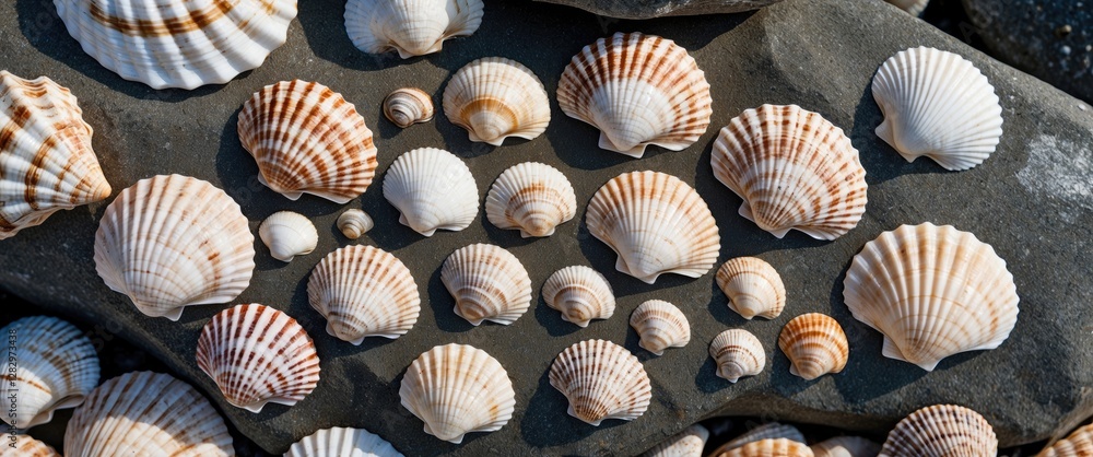 Poster collection of various seashells arranged on dark stones in natural light showcasing different sizes 