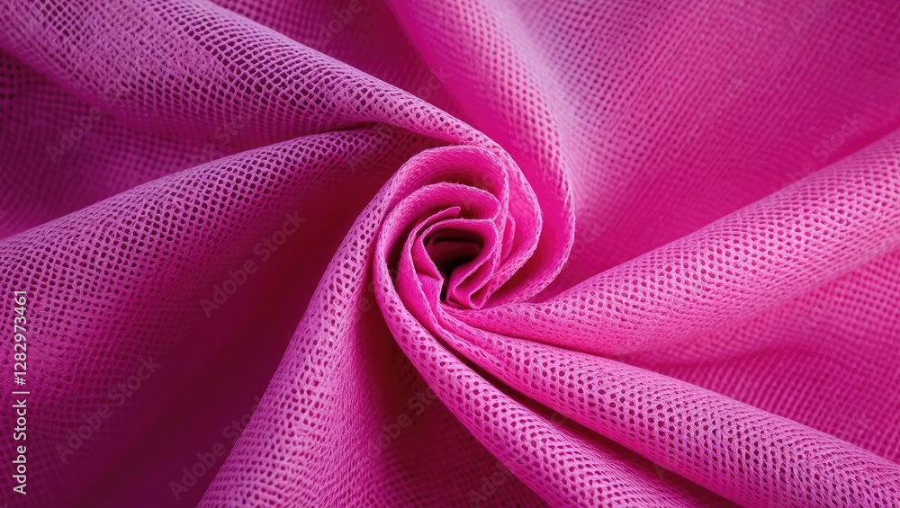 Poster close-up texture of pink mesh fabric showing intricate weave patterns and soft folds in natural ligh