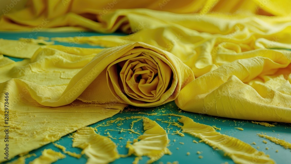 Poster yellow fabric roll with textured fabric scraps on a blue background in a textile studio setting.
