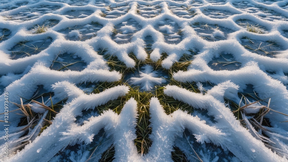 Poster frost patterns on grass creating intricate designs in a winter landscape with soft focus and detaile