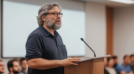 Photo of  men giving a presentation in a large conference room, with a crowd watching him on stage. He is standing at a podium, with a whiteboard behind him. 