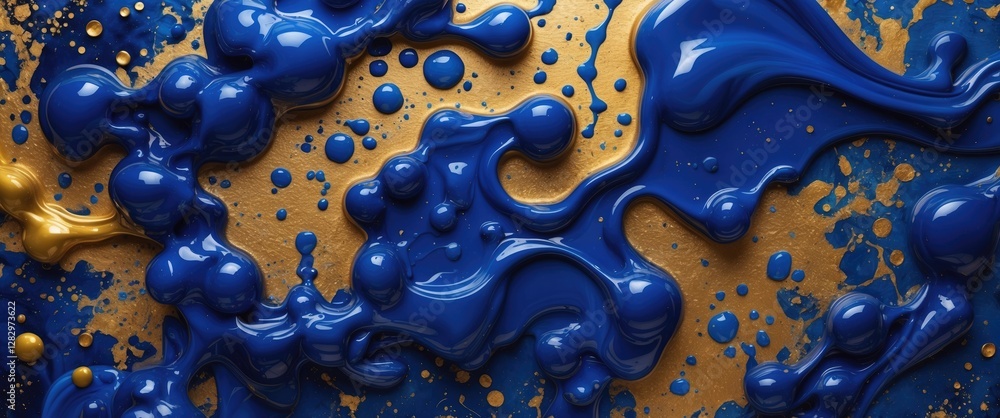 Poster abstract fluid paint texture in blue and gold colors with glossy finish and dynamic flowing patterns