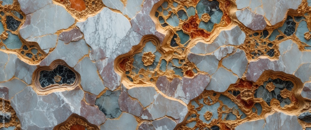 Poster textured stone surface with colorful mineral patterns and natural formations in a geological context