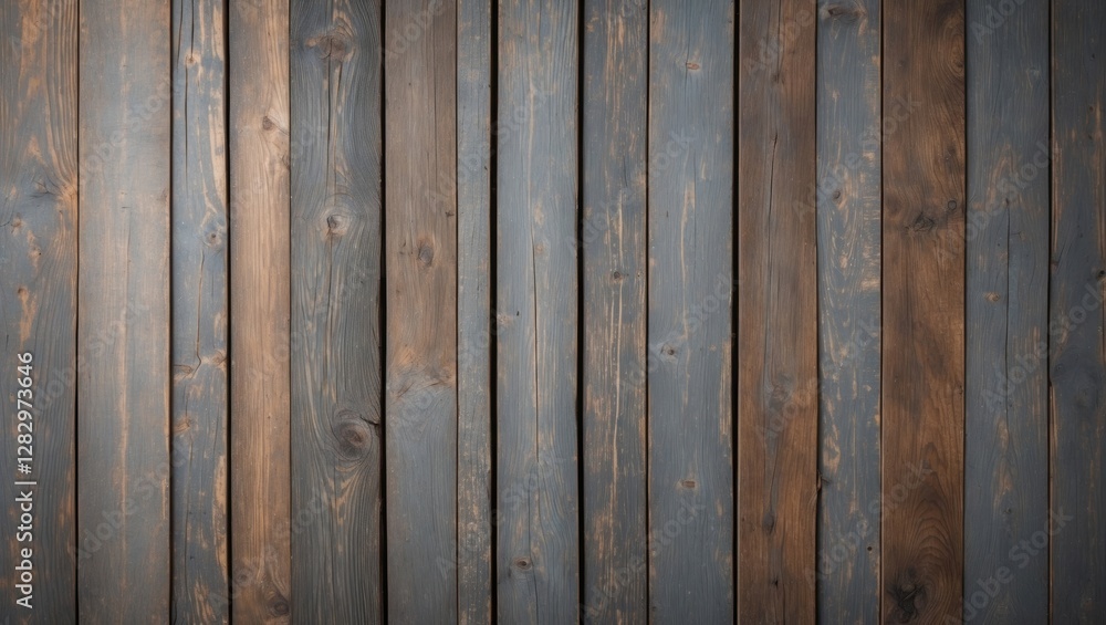 Poster wooden wall with a rustic texture featuring vertical planks in shades of blue and brown arranged in 