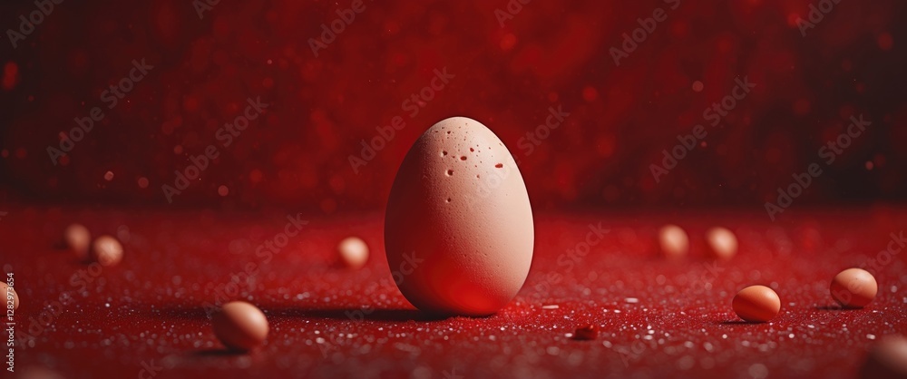 Poster single egg standing upright on red background with scattered smaller eggs and falling particles crea