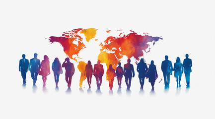 Silhouette of a group of people with a colorful world map background, isolated on a white background, banner design, copy space concept for an international business team or global