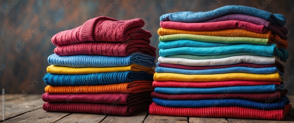Poster stacked folded sweaters in various colors on a rustic wooden surface with a textured background