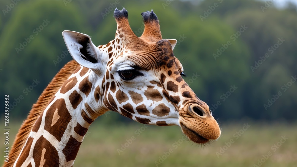 Poster close-up of a giraffe with distinct spot patterns and large eyes against a blurred green background.