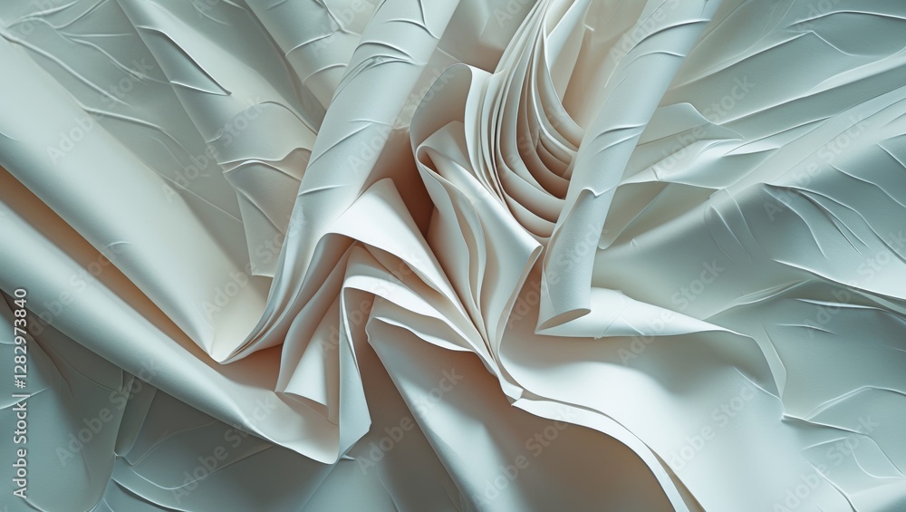 Poster textured white fabric with intricate folds and creases creating a dynamic and fluid appearance.