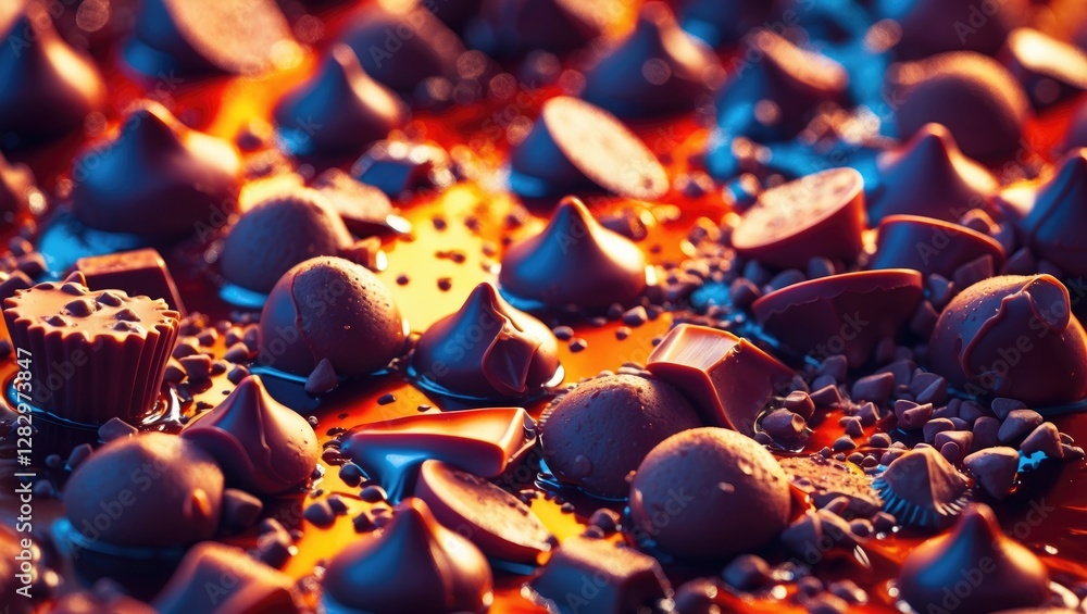 Poster assorted chocolate candies and pralines scattered on a surface with reflective orange lighting and a