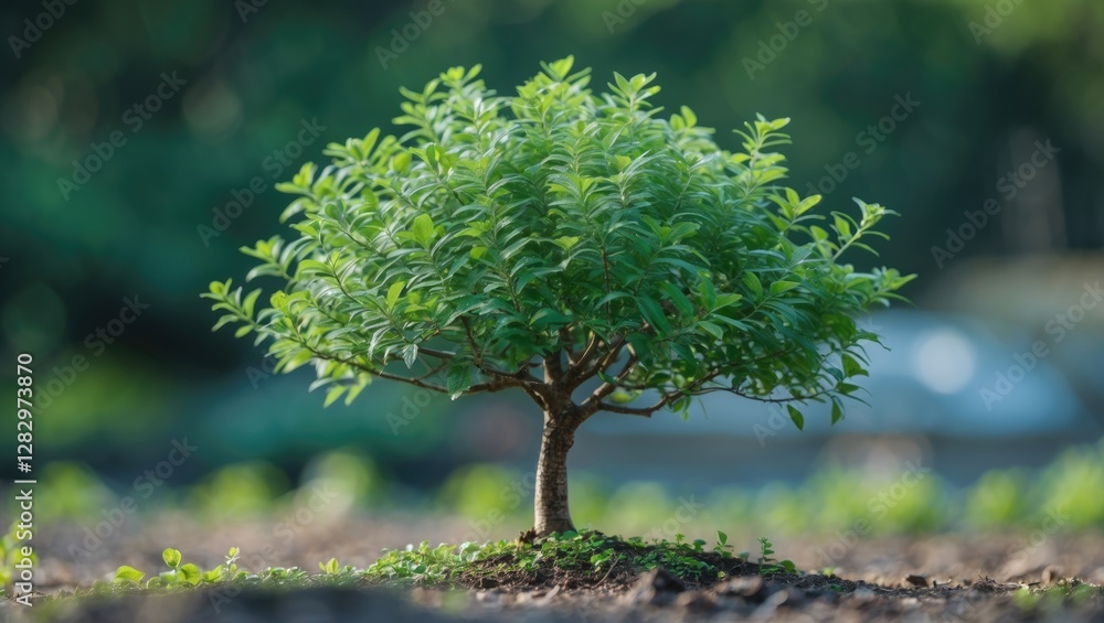 Poster small leafy tree with a thick trunk on soil in natural environment sunlight filtering through blurre