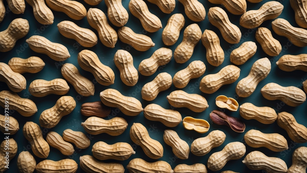 Poster peanuts in shells scattered on a blue surface displaying various sizes and orientations with some op