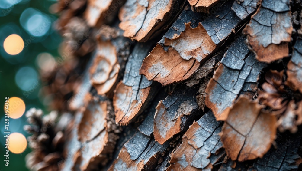 Poster close-up view of textured tree bark with visible layers and patterns in natural outdoor setting with