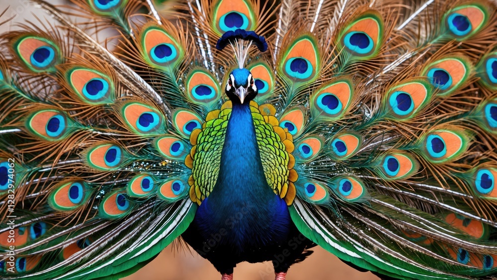 Poster colorful peacock displaying vibrant plumage with iridescent feathers in a natural setting capturing 
