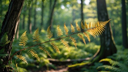 Summer sunlight illuminating a close-up of a wild fern branch in a serene forest setting with lush greenery.