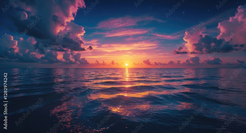 Aufkleber sunset over calm ocean waters with colorful clouds reflecting on the surface under a twilight sky wi