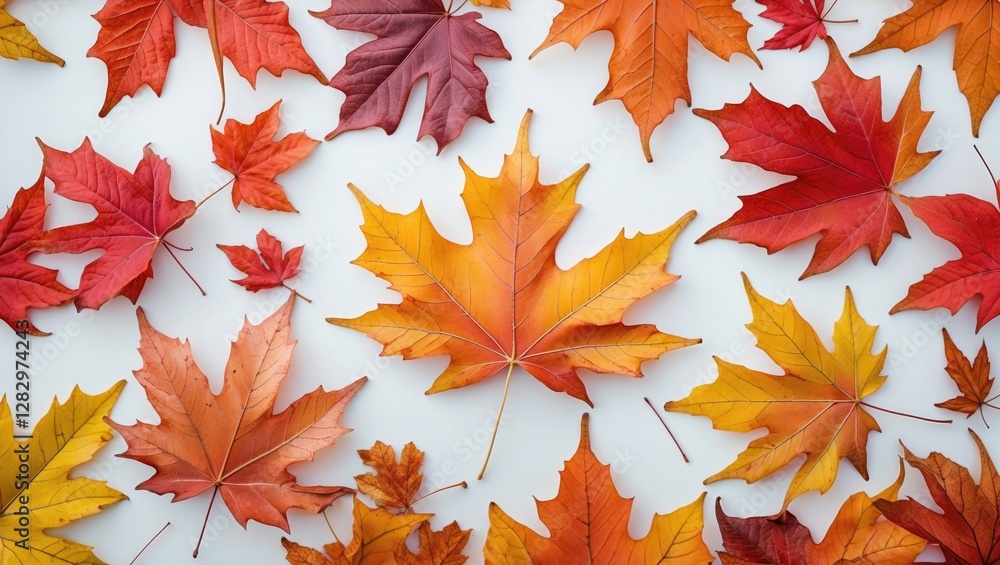 Poster assorted colorful autumn leaves arranged on a white background in various shapes and sizes