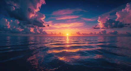 Fototapeta premium Sunset over calm ocean waters with colorful clouds reflecting on the surface under a twilight sky with stars and serene atmosphere