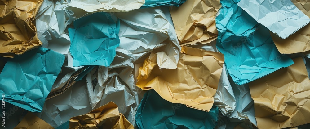 Aufkleber crumpled colored paper background in shades of blue and gold for texture and pattern design use