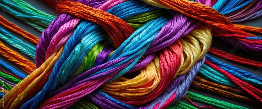 Poster multicolored threads intertwined in a vibrant and intricate pattern demonstrating texture and depth