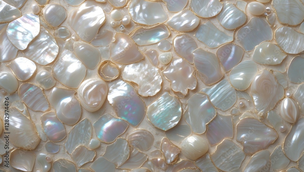 Poster irregularly shaped mother of pearl shell pieces arranged in a textured natural background with soft 
