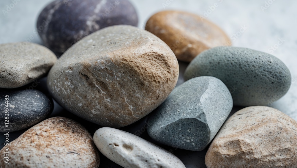 Poster various smooth pebbles in different colors and textures arranged on a light surface close-up image