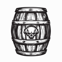 Wooden Beer Barrel with Human Skull Illustration in Dramatic Black and White Vector Artwork