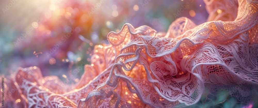 Poster delicate lace fabric draped on a soft background with warm light and bokeh effects creating a dreamy