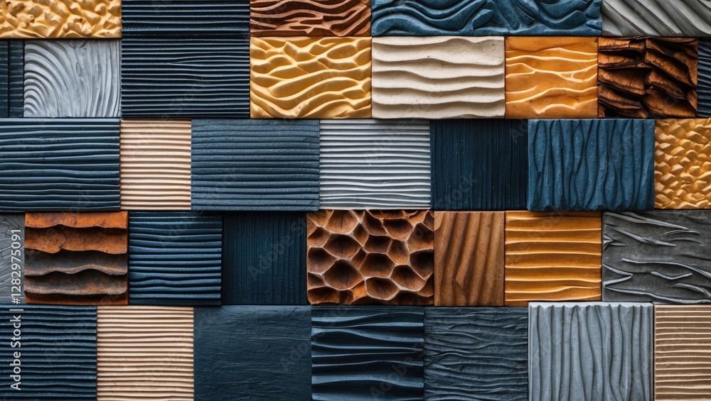 Poster textured wall panels in various colors and designs arranged in a grid pattern showcasing modern inte