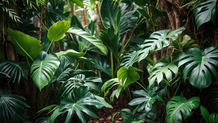 Tropical greenery with large Monstera leaves in a dense jungle setting exhibiting various shades of green and natural light.