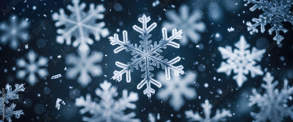 Poster snowflakes falling against a dark blue background with blurred bokeh effect creating a winter atmosp