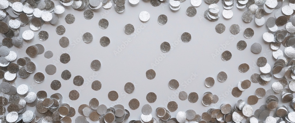 Poster silver confetti circles arranged on a white background creating a decorative border with empty cente