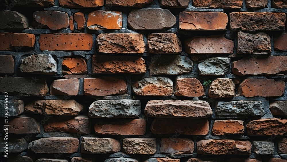 Poster textured brick wall with various shades of red and gray stones arranged in a random pattern for back