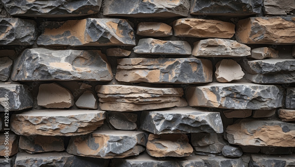 Poster textured rustic stone wall with varying sizes and colors of rocks arranged in a natural pattern for 