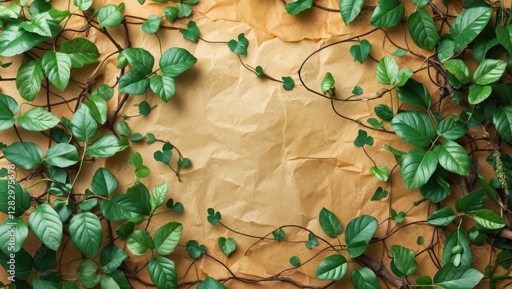 Poster green leafy vines on crumpled brown paper background creating a natural frame for text or design ele