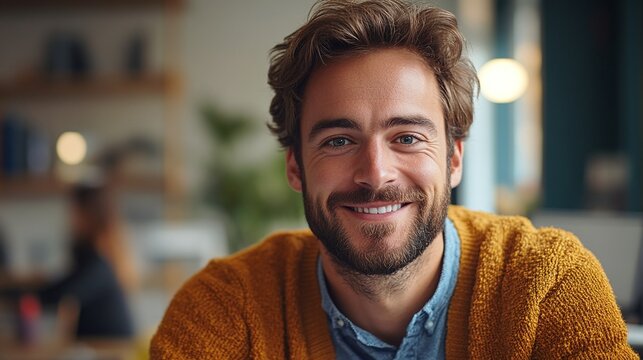 professional man smiling in workplace meeting with team excited for job growth corporate discussions and business strategy review at company